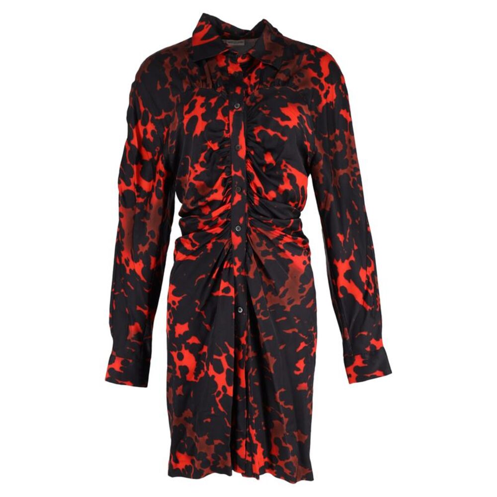 Dries Van Noten Printed Shirt Dress in Black and Red Satin
